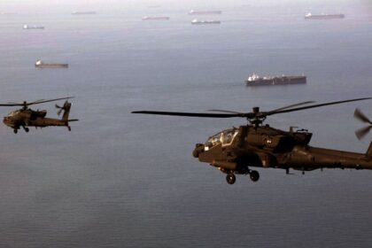 Apache helicopter gunships showed off their power cleaning up the Strait of Hormuz